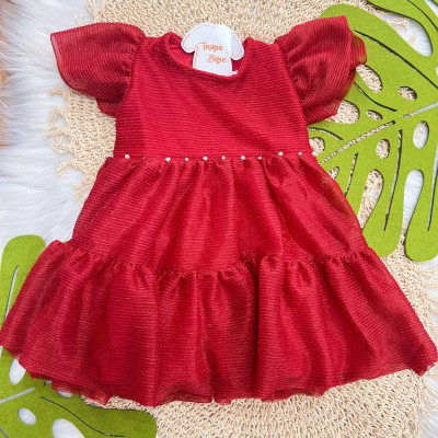 Vestido em Tule com Pérolas - Vermelho